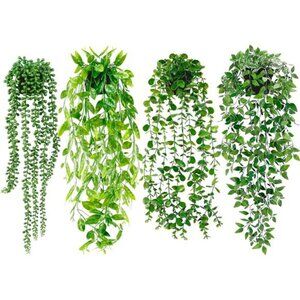 Artificial Hanging Plants for Shelf, 4 Pack Fake Potted Greenery Faux